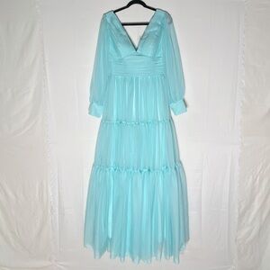 Vnaix Elegant Light Blue Tiered Chiffon Maxi Length Bubble Sleeve Prom Dress M/L